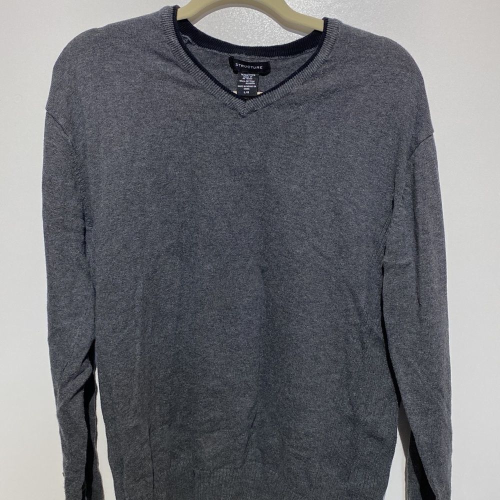 Structure Mens‎ V-Neck Sweater Gray Cotton Long Sleeve Pullover Size Large L